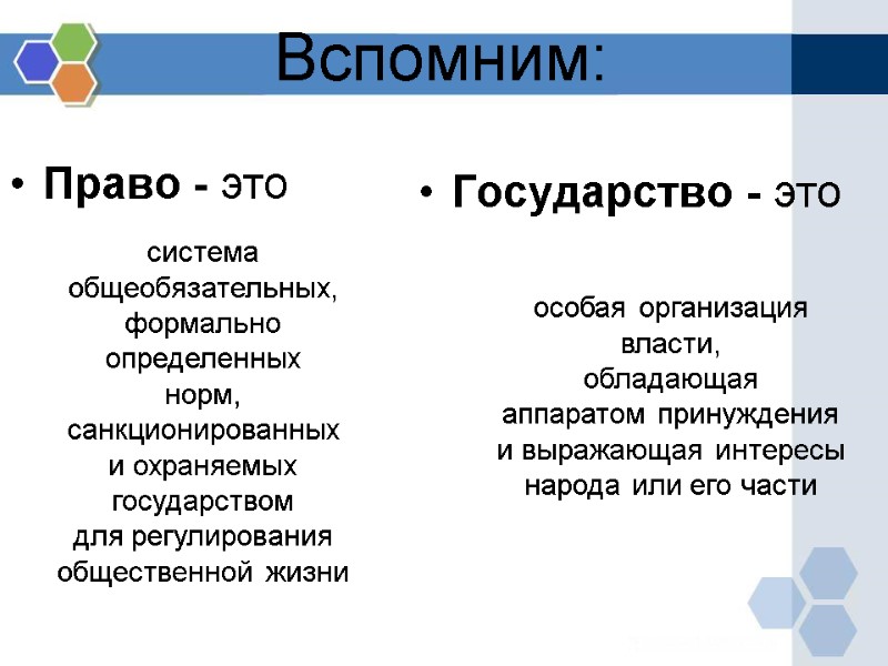 Вспомним: Право - это Государство - это система общеобязательных,  формально определенных  норм,